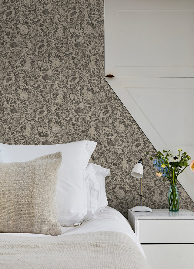 Terrene Charcoal Peel & Stick Wallpaper with Whimsical Novelty Woodland Animals Pattern - NuWallpaper NUS4303