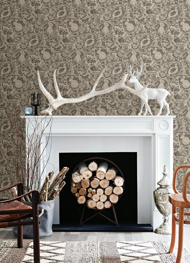 Terrene Charcoal Peel & Stick Wallpaper with Whimsical Novelty Woodland Animals Pattern - NuWallpaper NUS4303