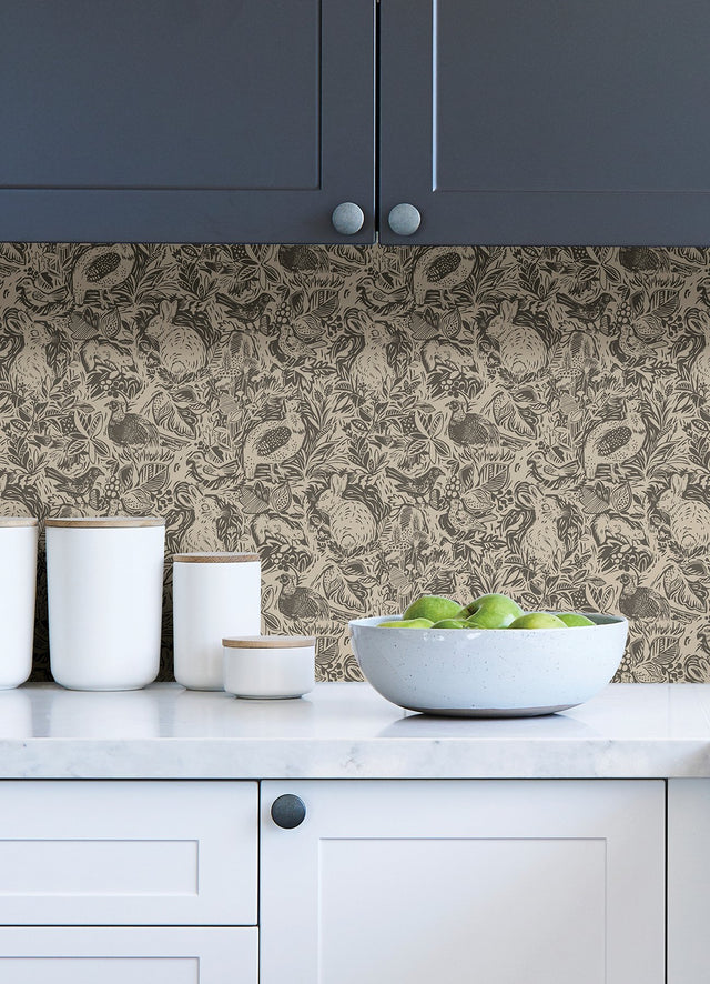 Terrene Charcoal Peel & Stick Wallpaper with Whimsical Novelty Woodland Animals Pattern - NuWallpaper NUS4303