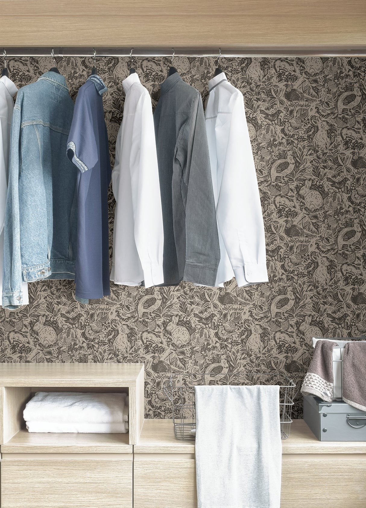 Terrene Charcoal Peel & Stick Wallpaper with Whimsical Novelty Woodland Animals Pattern - NuWallpaper NUS4303