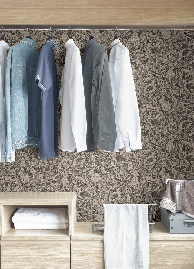 Terrene Charcoal Peel & Stick Wallpaper with Whimsical Novelty Woodland Animals Pattern - NuWallpaper NUS4303
