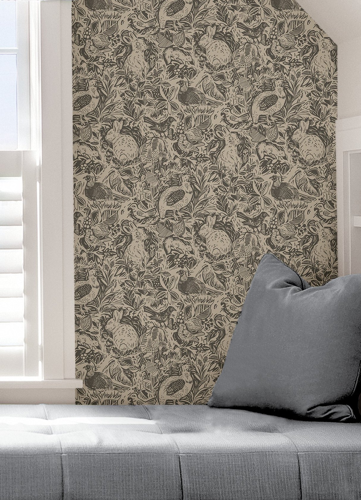Terrene Charcoal Peel & Stick Wallpaper with Whimsical Novelty Woodland Animals Pattern - NuWallpaper NUS4303