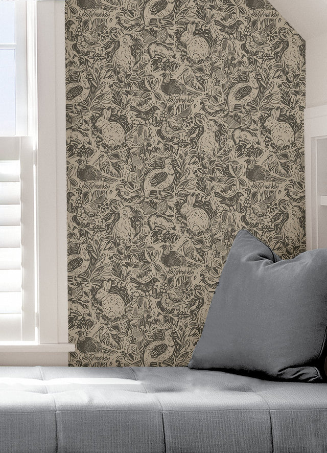 Terrene Charcoal Peel & Stick Wallpaper with Whimsical Novelty Woodland Animals Pattern - NuWallpaper NUS4303