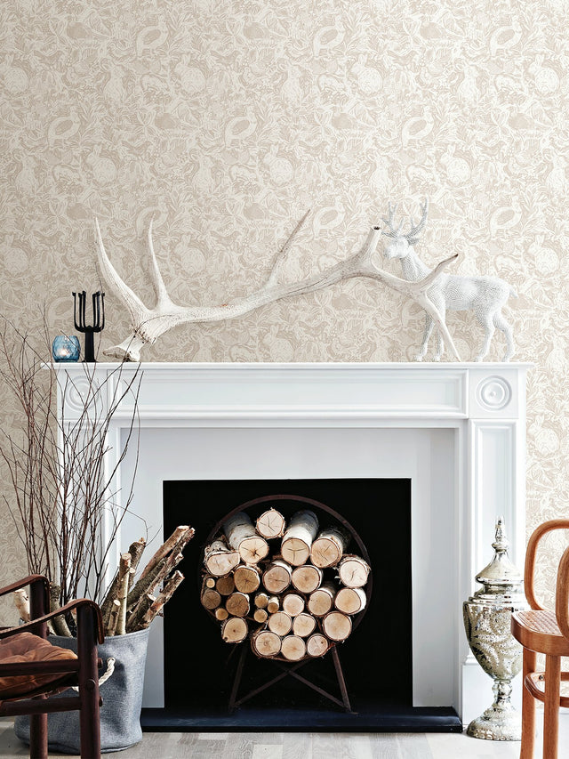 Terrene Cream Peel & Stick Wallpaper with Whimsical Novelty Forest Animal Pattern - NuWallpaper NUS4304
