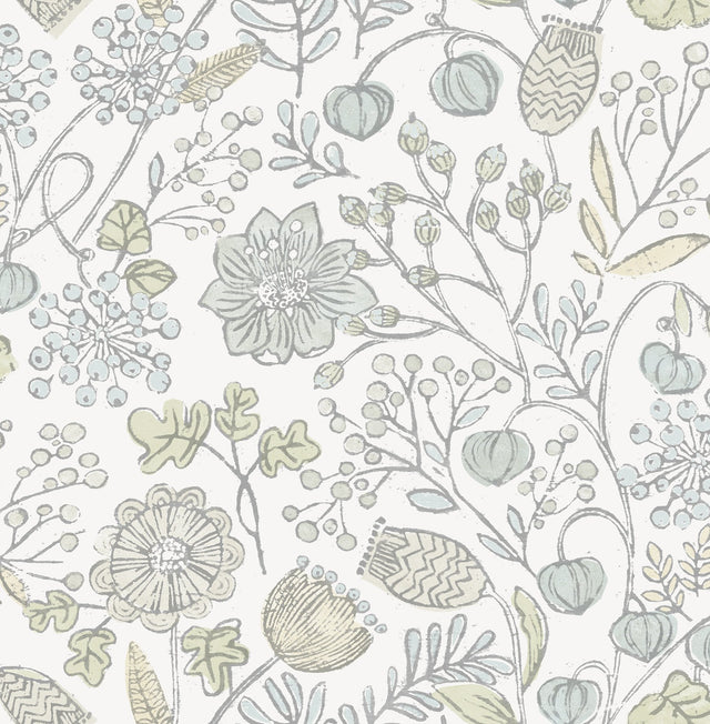 Southern Trail Blue & Green Peel & Stick Wallpaper with Botanical Floral Pattern - NuWallpaper NUS4307