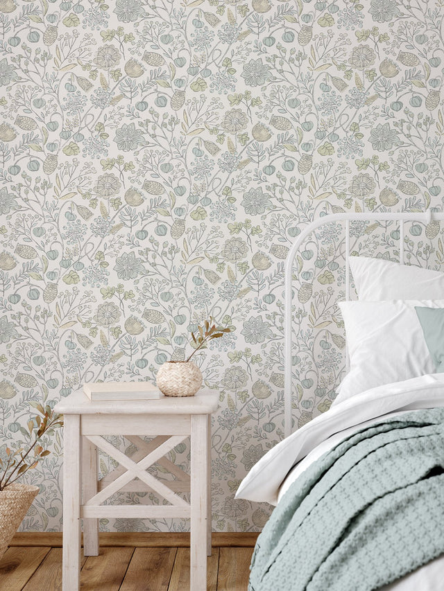Southern Trail Blue & Green Peel & Stick Wallpaper with Botanical Floral Pattern - NuWallpaper NUS4307