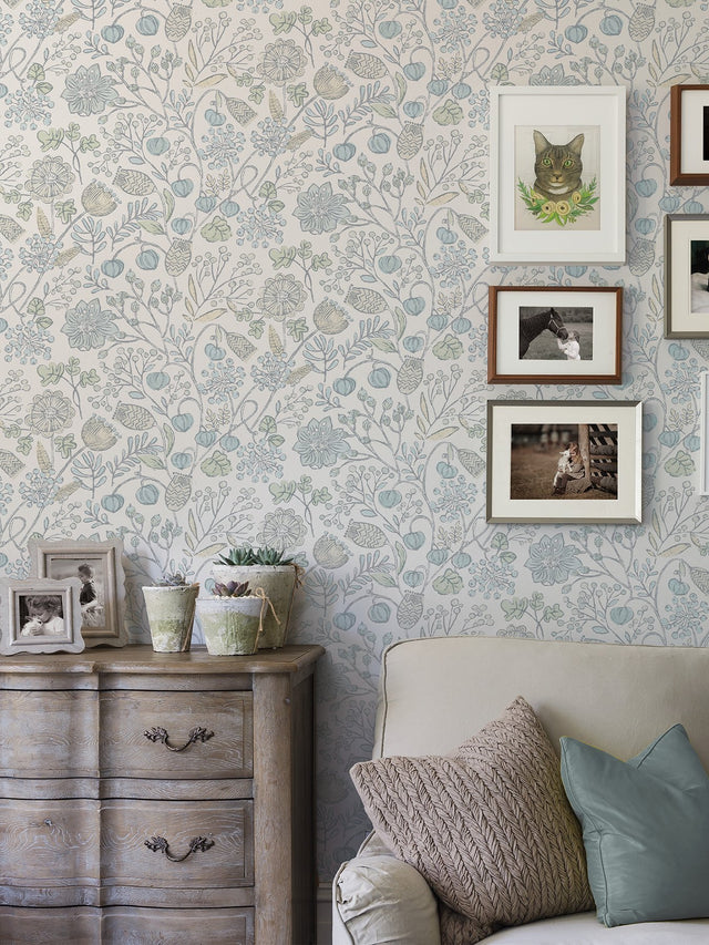 Southern Trail Blue & Green Peel & Stick Wallpaper with Botanical Floral Pattern - NuWallpaper NUS4307