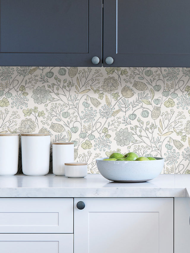 Southern Trail Blue & Green Peel & Stick Wallpaper with Botanical Floral Pattern - NuWallpaper NUS4307