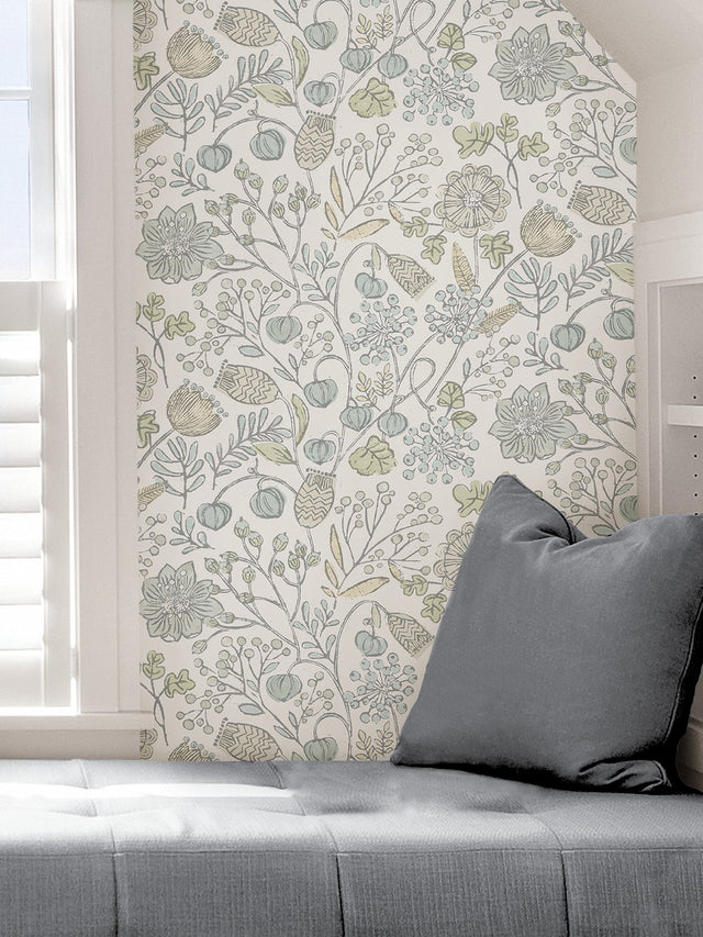 Southern Trail Blue & Green Peel & Stick Wallpaper with Botanical Floral Pattern - NuWallpaper NUS4307