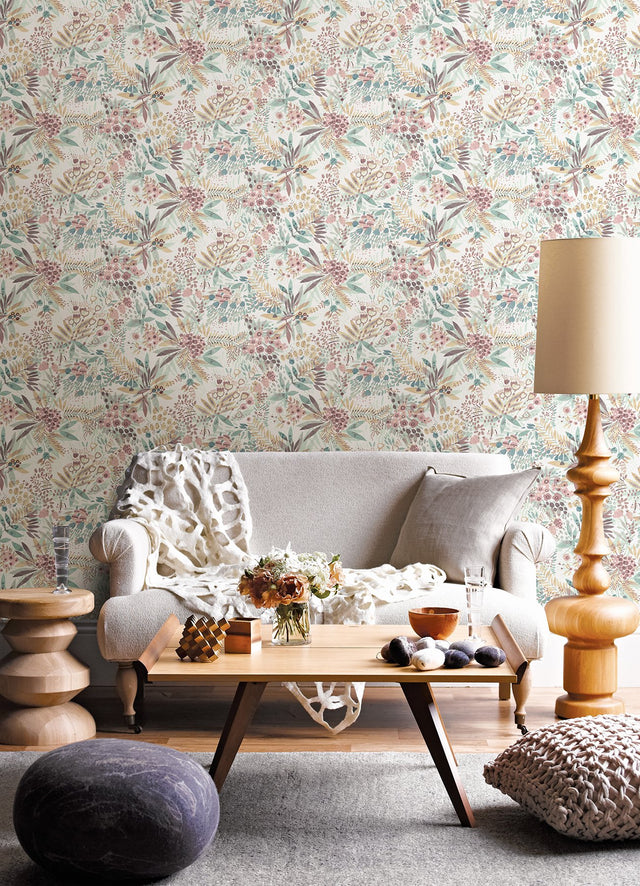Naupaka Teal Peach Peel & Stick Wallpaper with Tropical Botanical Flowers - NuWallpaper NUS4309