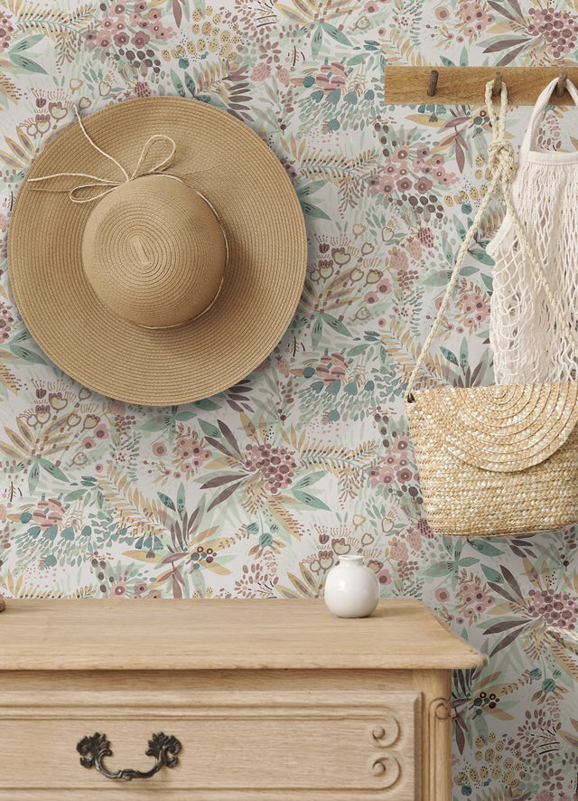 Naupaka Teal Peach Peel & Stick Wallpaper with Tropical Botanical Flowers - NuWallpaper NUS4309