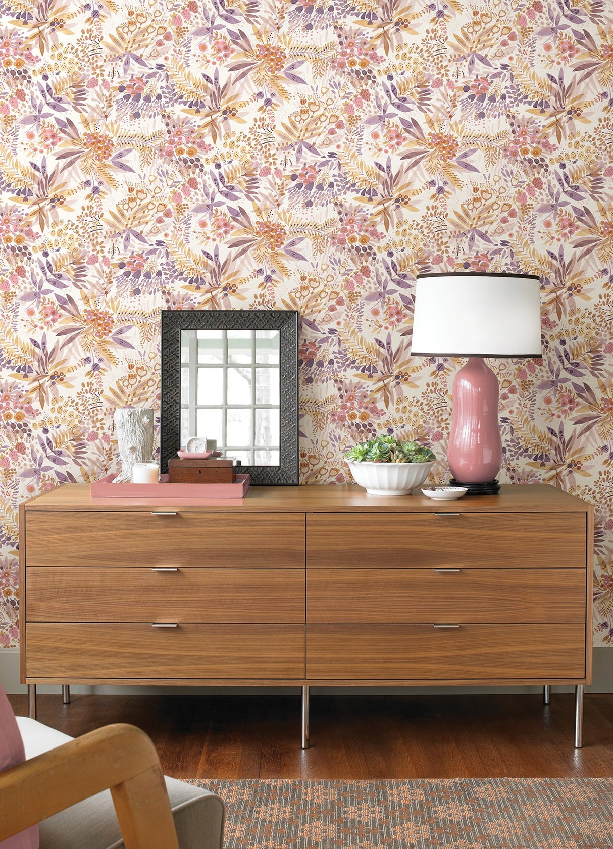 Naupaka Plum Ochre Peel & Stick Wallpaper with Tropical Botanical Floral Pattern - NuWallpaper NUS4310