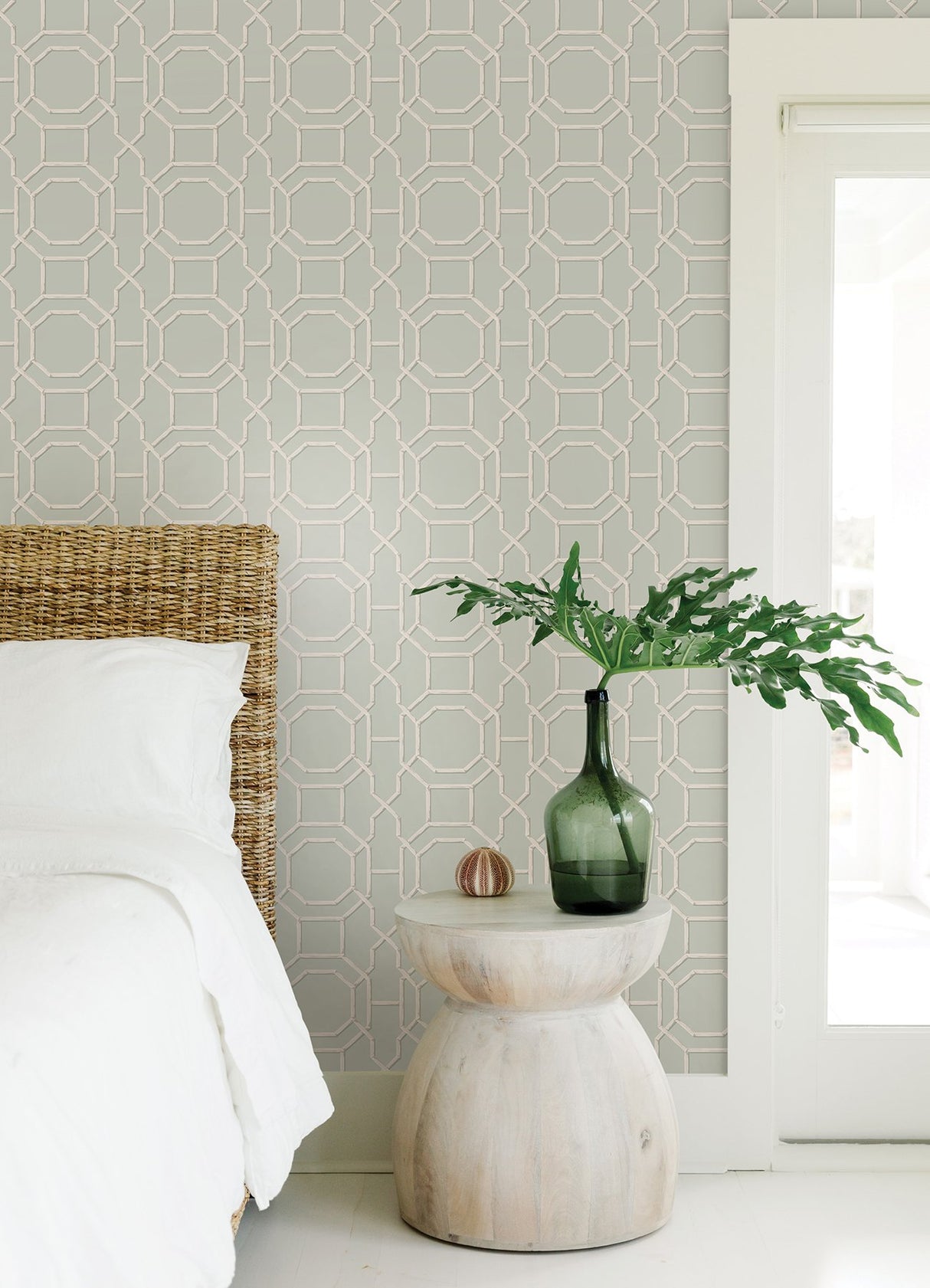Sanya Seafoam Peel & Stick Wallpaper with Geometric Bamboo Trellis - NuWallpaper NUS4312