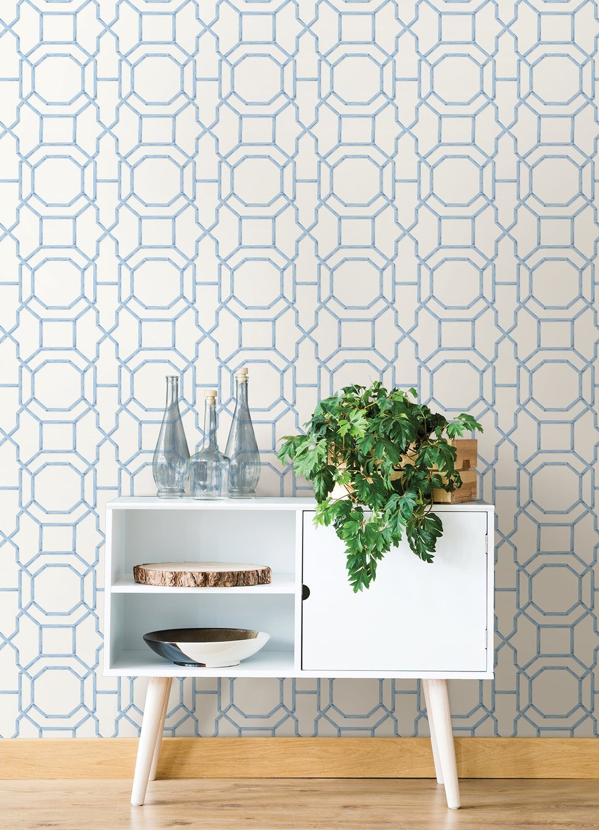 Sanya Sapphire Peel & Stick Wallpaper with Blue Bamboo Trellis Geometric Pattern - NuWallpaper NUS4313
