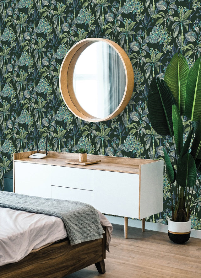Panama Deep Green Peel & Stick Wallpaper with Tropical Botanical Trees Pattern - NuWallpaper NUS4316