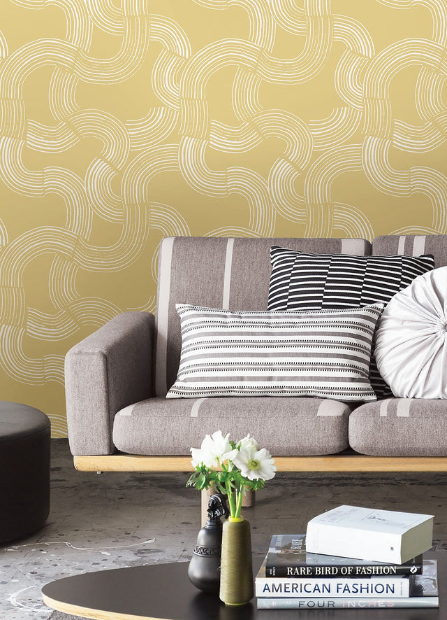 Hokime Mustard Peel & Stick Wallpaper with Abstract Bohemian Pattern - NuWallpaper NUS4317