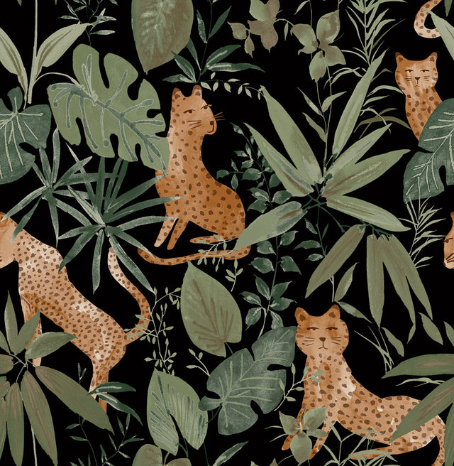 Jhalana Midnight Peel & Stick Wallpaper with Tropical Cheetah Motif - NuWallpaper NUS4320