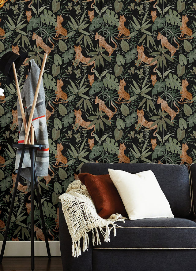 Jhalana Midnight Peel & Stick Wallpaper with Tropical Cheetah Motif - NuWallpaper NUS4320