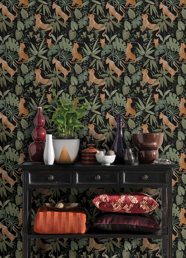 Jhalana Midnight Peel & Stick Wallpaper with Tropical Cheetah Motif - NuWallpaper NUS4320