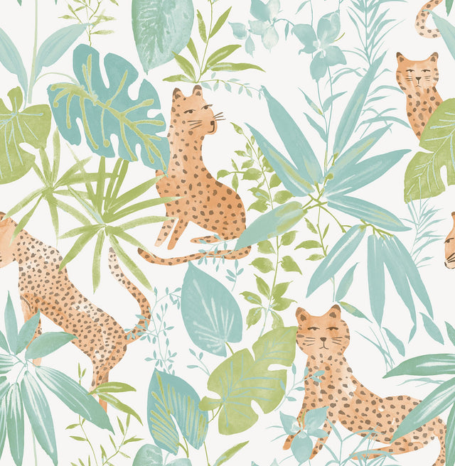 Jhalana Teal Lime Peel & Stick Wallpaper with Tropical Cheetah Motif - NuWallpaper NUS4321