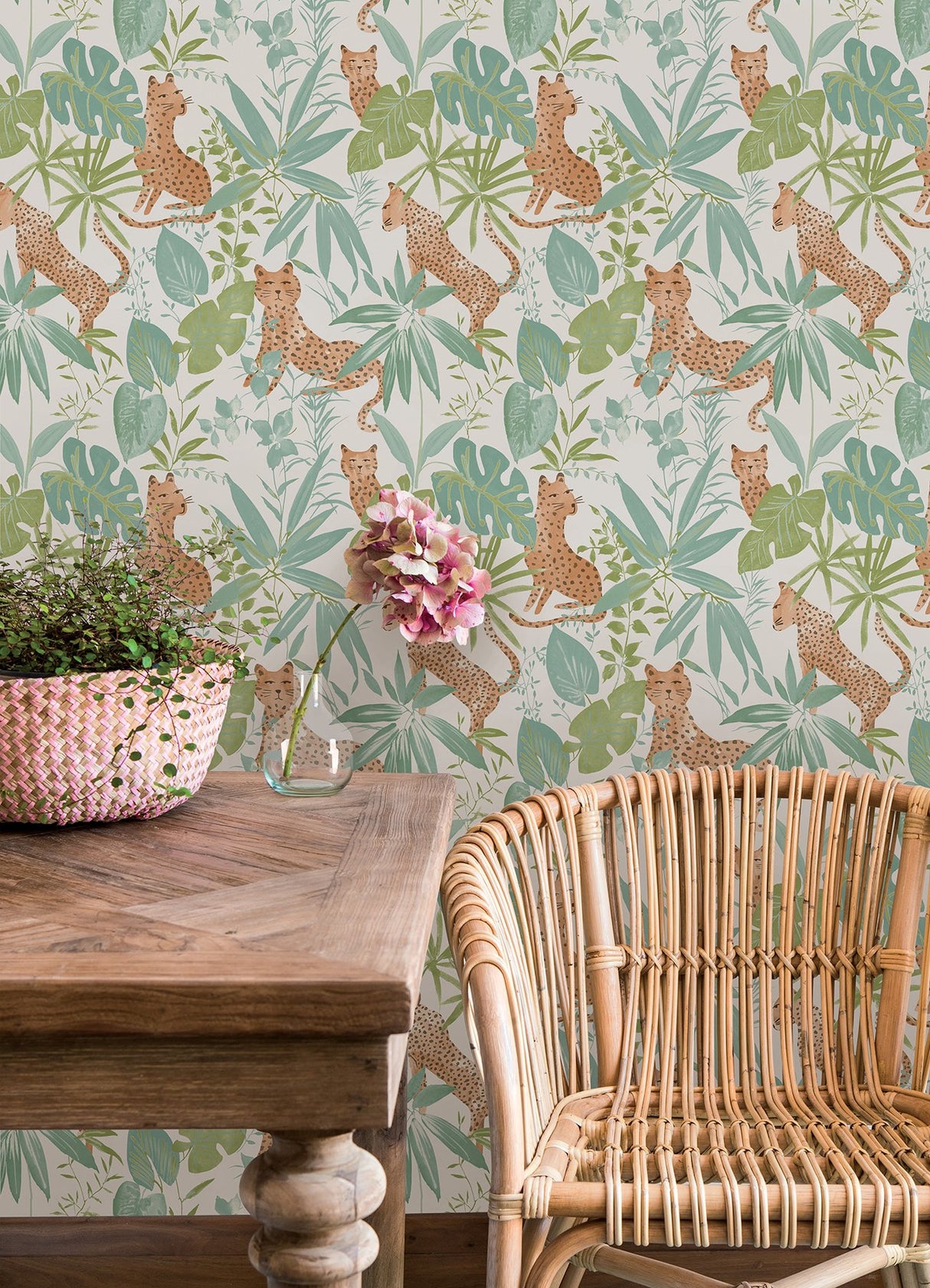 Jhalana Teal Lime Peel & Stick Wallpaper with Tropical Cheetah Motif - NuWallpaper NUS4321