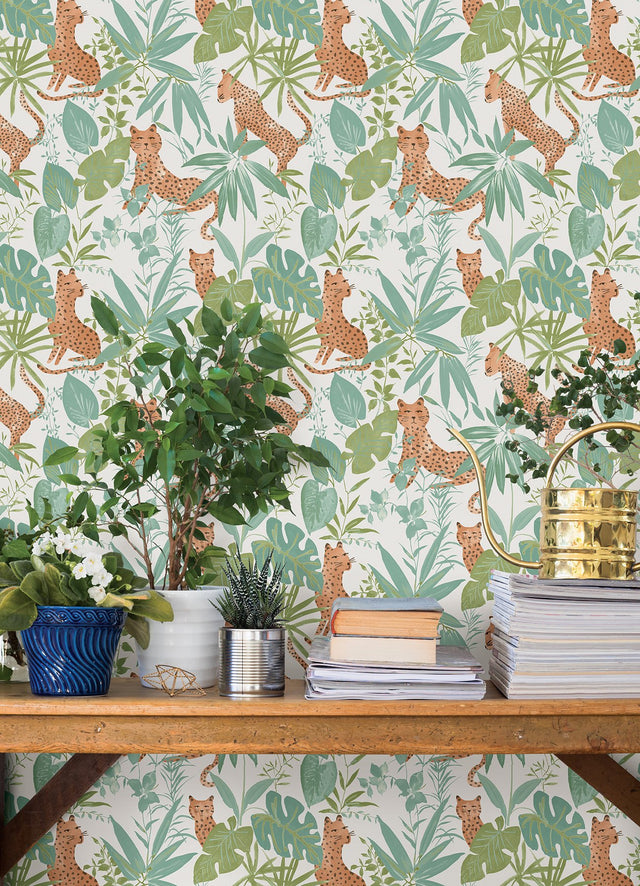 Jhalana Teal Lime Peel & Stick Wallpaper with Tropical Cheetah Motif - NuWallpaper NUS4321