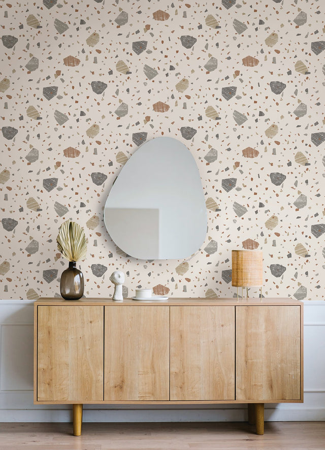 Veranda Earth Peel & Stick Wallpaper with Modern Abstract Stone Terrazzo Motif - NuWallpaper NUS4324