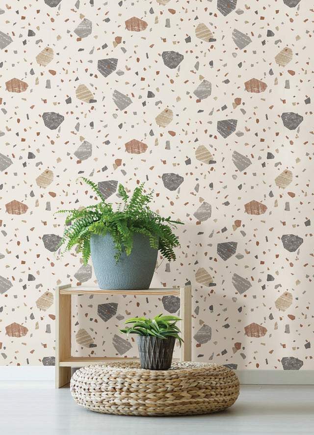 Veranda Earth Peel & Stick Wallpaper with Modern Abstract Stone Terrazzo Motif - NuWallpaper NUS4324