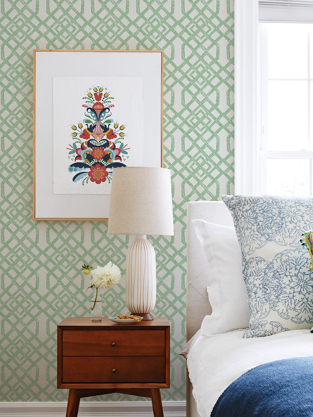 Tanner Green Peel & Stick Wallpaper with Geometric Trellis Pattern - NuWallpaper NUS4382