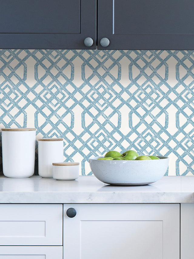 Tanner Blue Peel & Stick Wallpaper with Geometric Trellis Pattern - NuWallpaper NUS4384