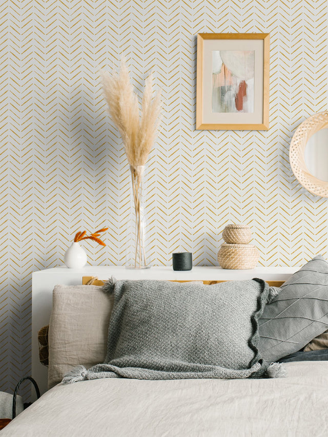 Holden Ochre Peel & Stick Wallpaper with Modern Geometric Chevron Pattern - NuWallpaper NUS4388