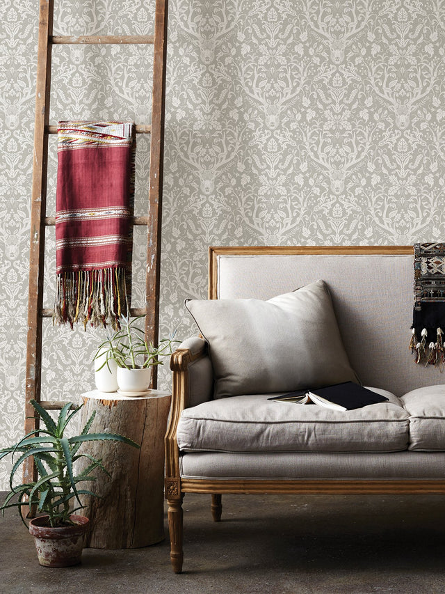 Escape to the Forest Taupe Peel & Stick Wallpaper with Scandinavian Damask Pattern - NuWallpaper NUS4393