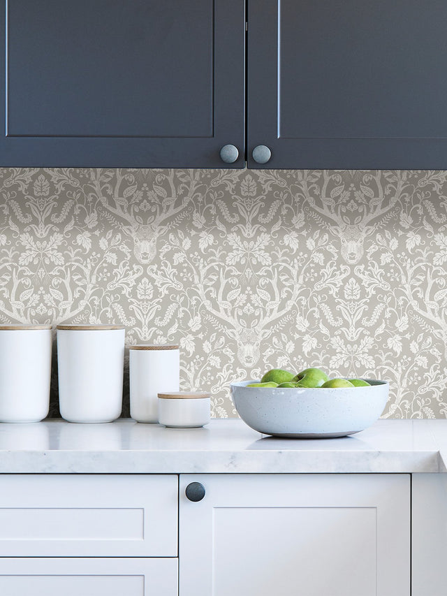 Escape to the Forest Taupe Peel & Stick Wallpaper with Scandinavian Damask Pattern - NuWallpaper NUS4393