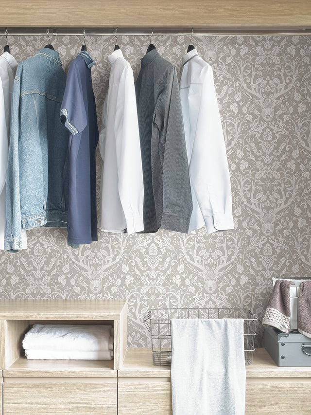 Escape to the Forest Taupe Peel & Stick Wallpaper with Scandinavian Damask Pattern - NuWallpaper NUS4393