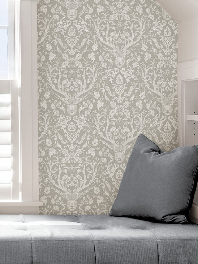 Escape to the Forest Taupe Peel & Stick Wallpaper with Scandinavian Damask Pattern - NuWallpaper NUS4393