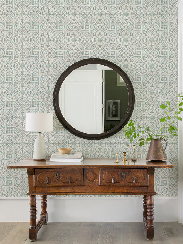 Landondale Teal & Grey Peel & Stick Wallpaper with Spanish Tile Geometric Pattern - NuWallpaper NUS4395