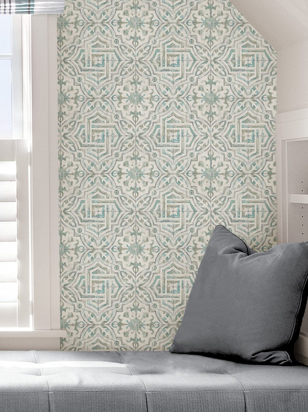 Landondale Teal & Grey Peel & Stick Wallpaper with Spanish Tile Geometric Pattern - NuWallpaper NUS4395