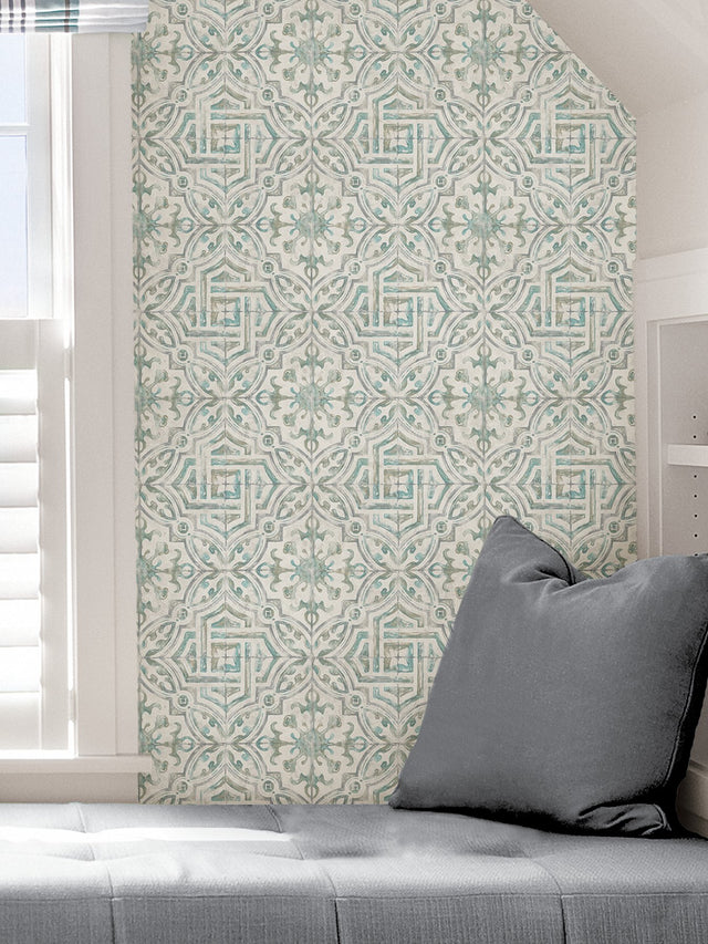 Landondale Teal & Grey Peel & Stick Wallpaper with Spanish Tile Geometric Pattern - NuWallpaper NUS4395