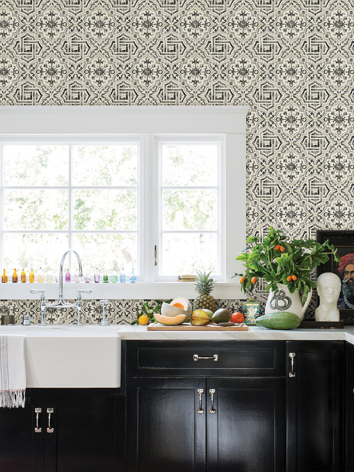 Landondale Black Peel & Stick Wallpaper with Spanish-Inspired Geometric Faux Tile - NuWallpaper NUS4397