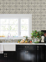 Landondale Black Peel & Stick Wallpaper with Spanish-Inspired Geometric Faux Tile - NuWallpaper NUS4397