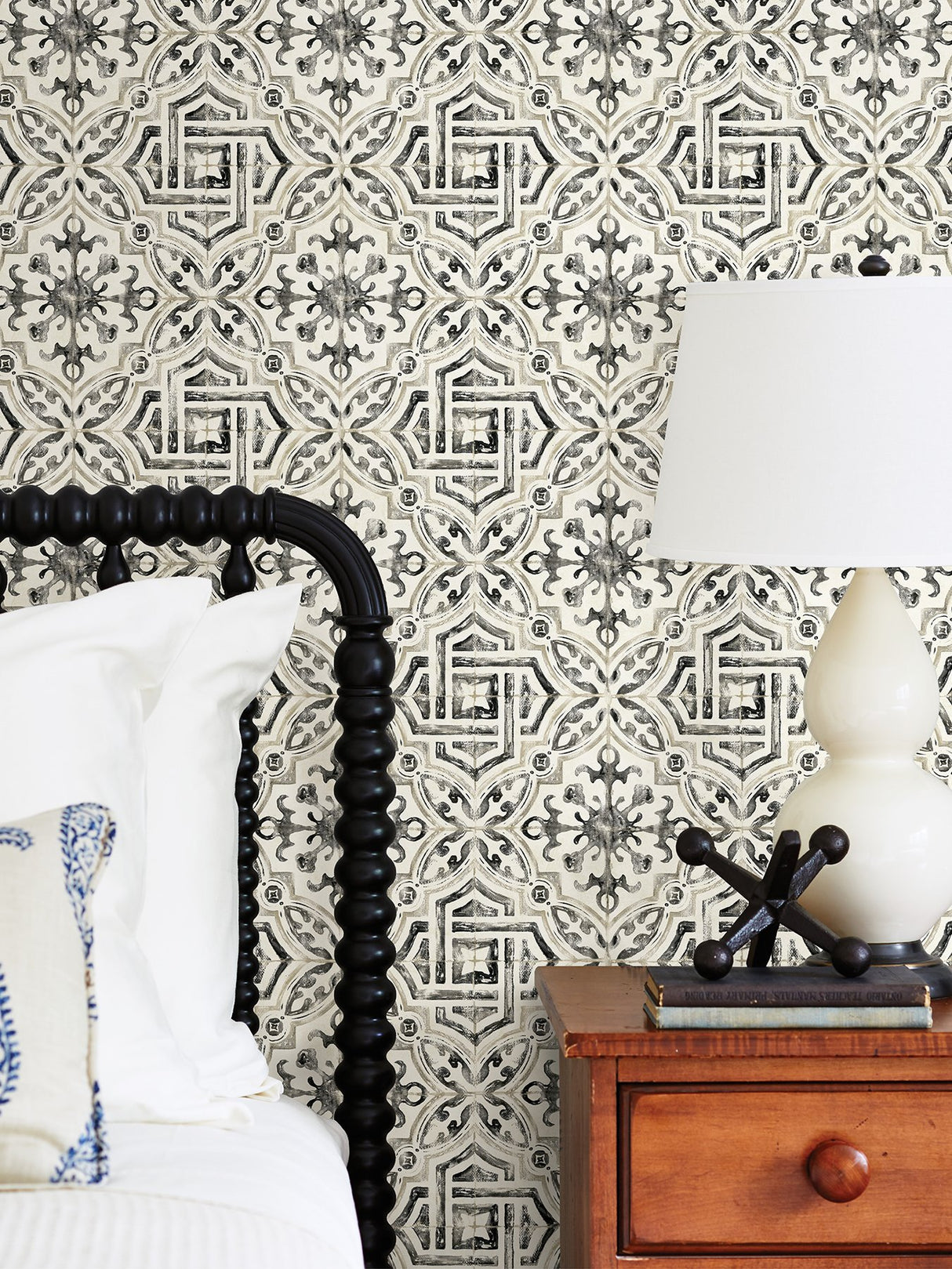 Landondale Black Peel & Stick Wallpaper with Spanish-Inspired Geometric Faux Tile - NuWallpaper NUS4397