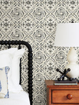 Landondale Black Peel & Stick Wallpaper with Spanish-Inspired Geometric Faux Tile - NuWallpaper NUS4397