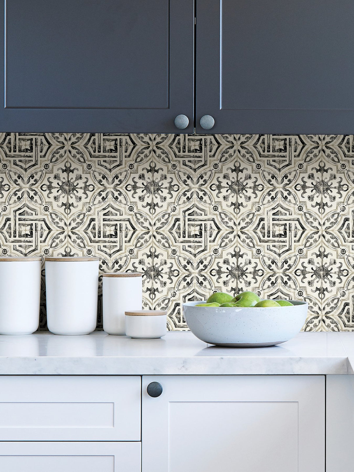 Landondale Black Peel & Stick Wallpaper with Spanish-Inspired Geometric Faux Tile - NuWallpaper NUS4397