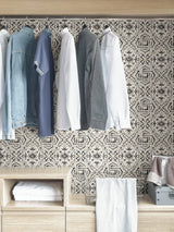 Landondale Black Peel & Stick Wallpaper with Spanish-Inspired Geometric Faux Tile - NuWallpaper NUS4397