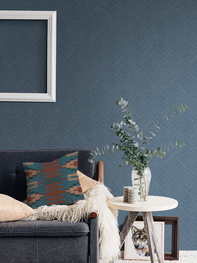 Sampson Blue Peel & Stick Wallpaper with Textured Chevron Linen Motif - NuWallpaper NUS4399