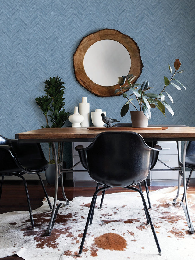 Sampson Blue Peel & Stick Wallpaper with Textured Chevron Linen Motif - NuWallpaper NUS4399