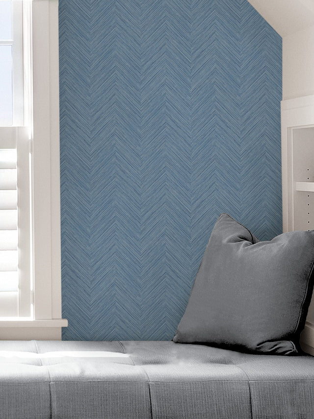 Sampson Blue Peel & Stick Wallpaper with Textured Chevron Linen Motif - NuWallpaper NUS4399