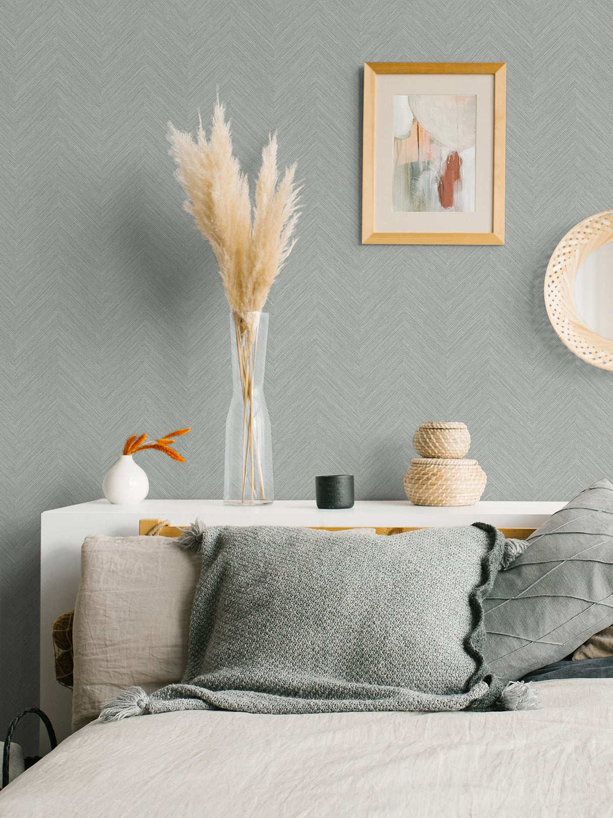 Sampson Taupe & Blue Peel & Stick Wallpaper with Textured Chevron Geometric Pattern - NuWallpaper NUS4400
