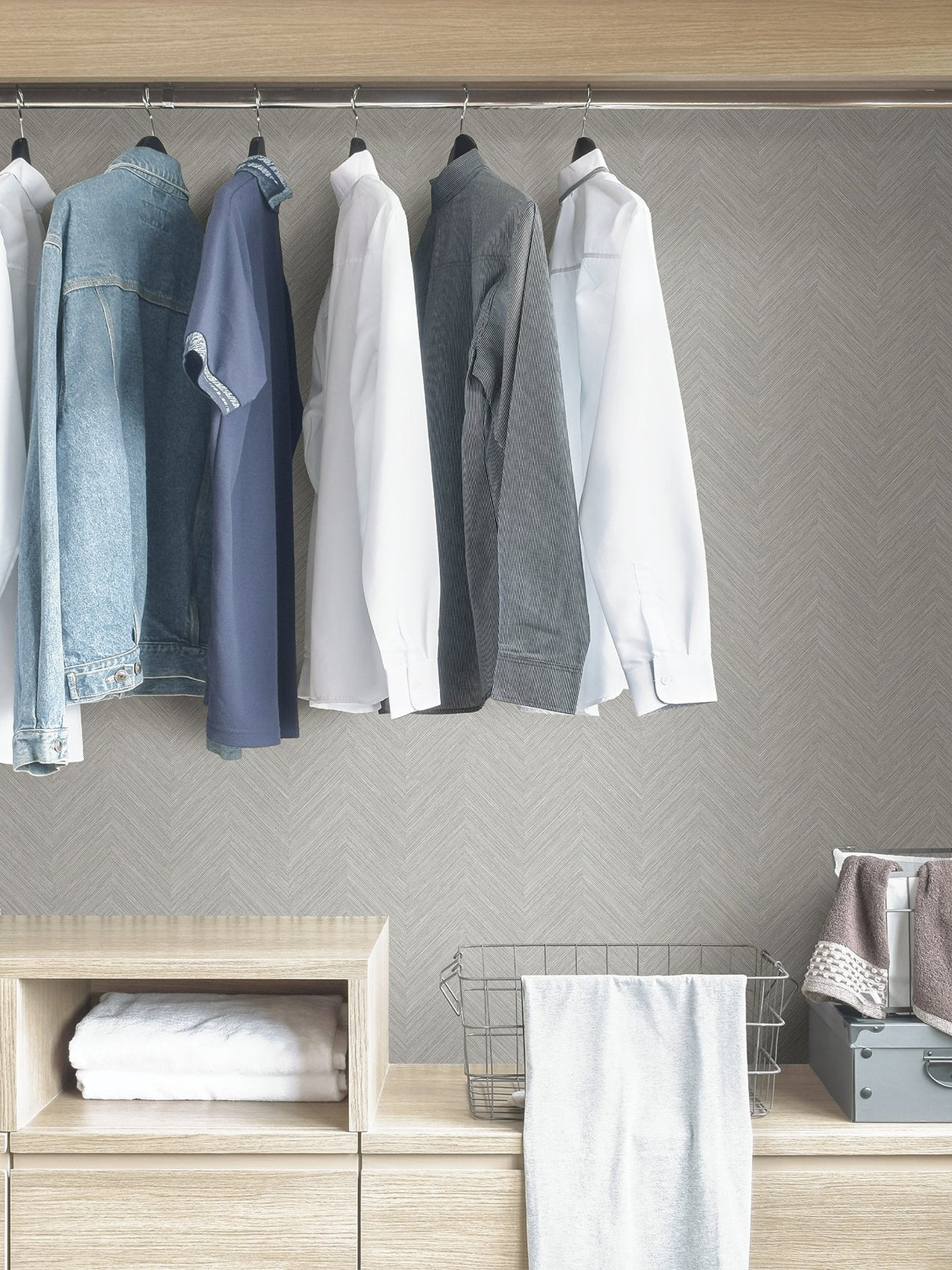 Sampson Taupe & Blue Peel & Stick Wallpaper with Textured Chevron Geometric Pattern - NuWallpaper NUS4400