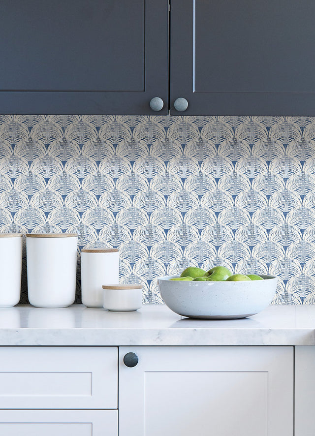 Manila Blue Peel & Stick Wallpaper with Coastal Wave Geometric Pattern - NuWallpaper NUS4445